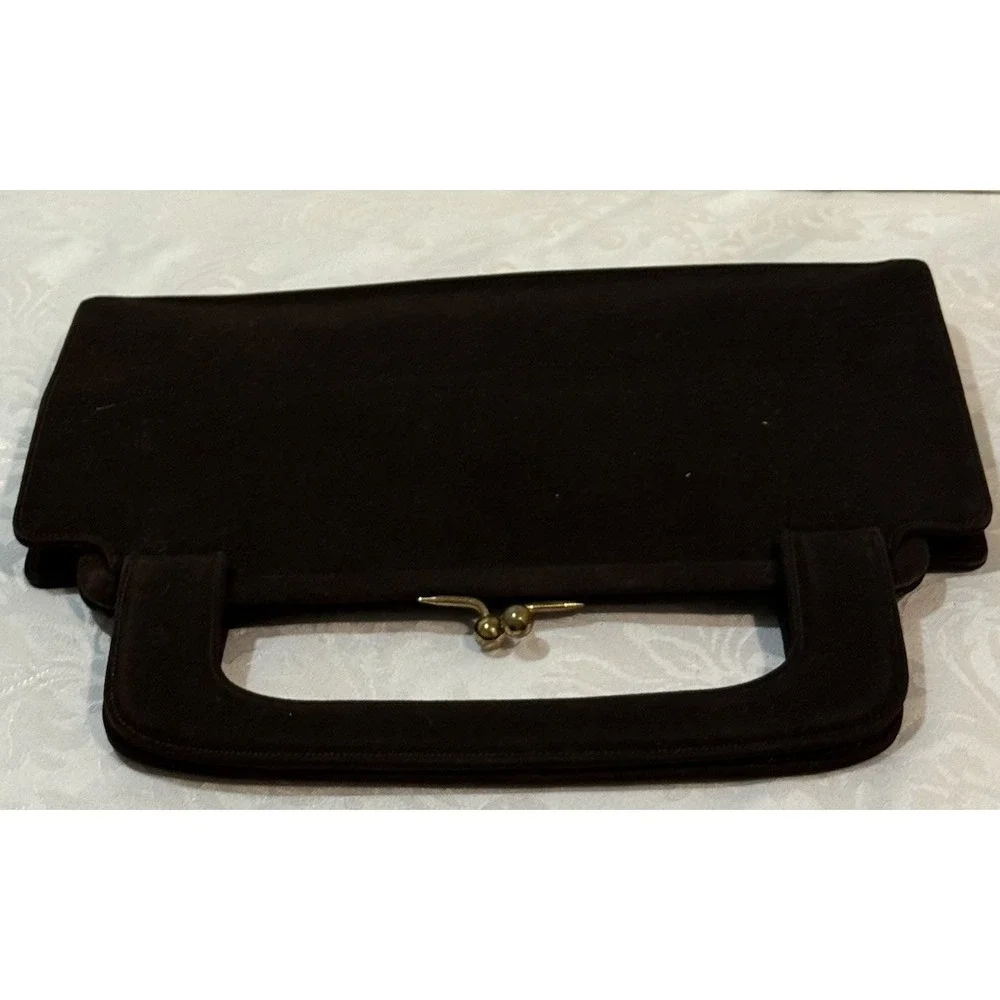 Vintage Koret Koretolope D Brown Kid Suede cut-out top handle Silk Coin‎ Bag